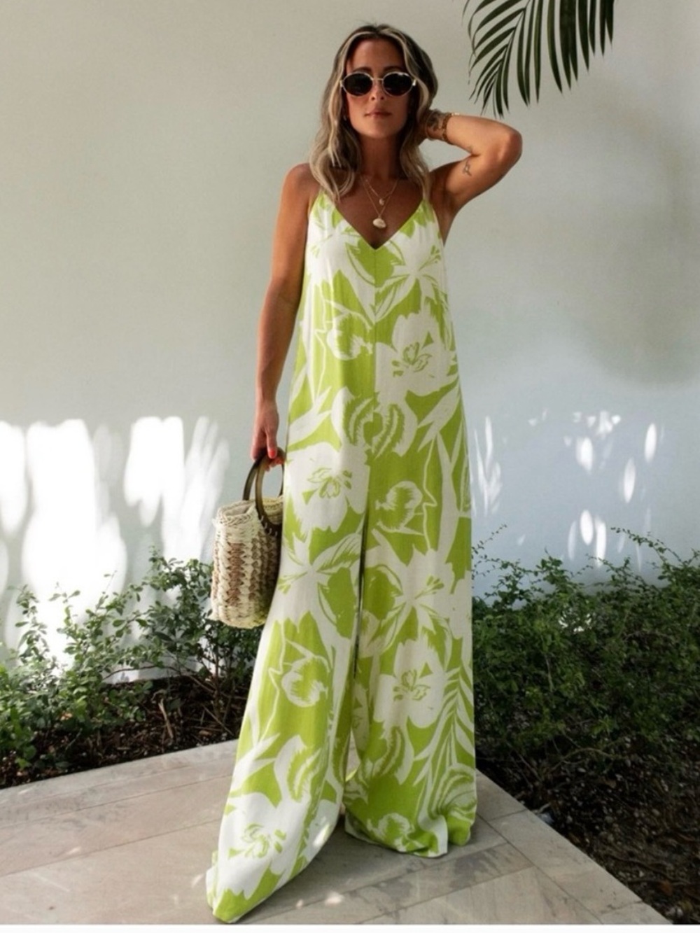 Vici Lime Green & White Tropical Wide-Leg Jumpsuit. Size L